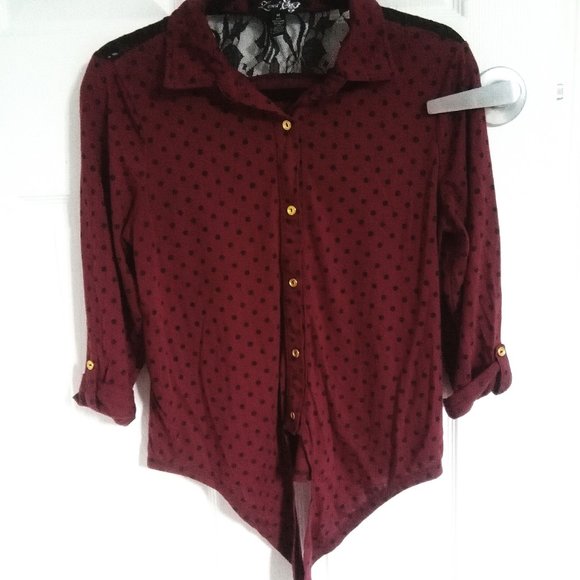 Burgundy Lace Polka Dot Tie Top - Picture 3 of 8